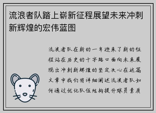 流浪者队踏上崭新征程展望未来冲刺新辉煌的宏伟蓝图